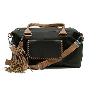 BCBG MAXAZRIA Canvas Weekend Bag Green/Tan Large Leather Tassel